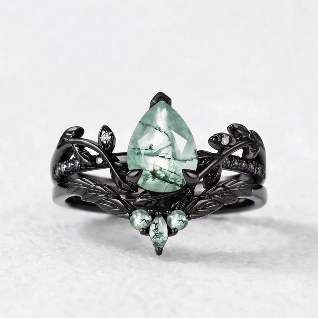 Juniper’s Copse | Pear Cut Moss Agate Cluster Couple Ring Set.