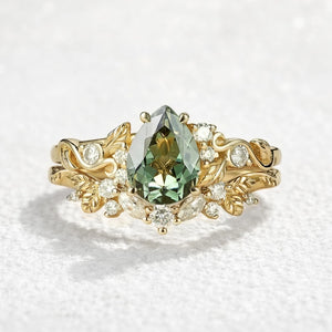 Sylvie’s Vine | Vintage Green Sapphire & Leaf Bridal Set 2pcs