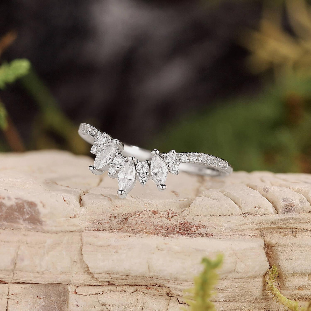Marquise Cut Moissanite Half Eternity Curved Wedding Band in White Gold.