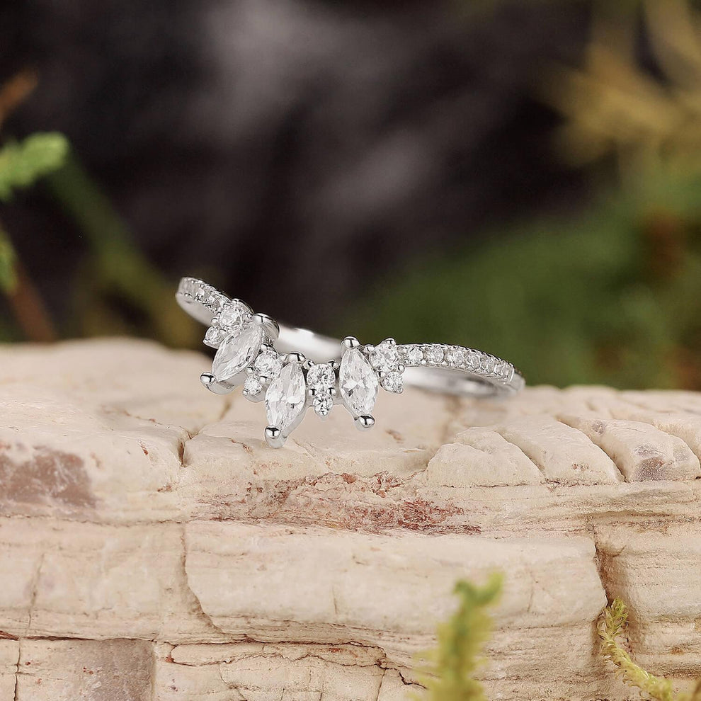 Marquise Cut Moissanite Half Eternity Curved Wedding Band in White Gold.