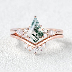 Kite Cut Moss Agate Engagement Ring Set 2pcs.