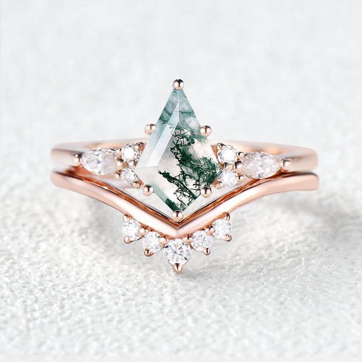 Kite Cut Moss Agate Engagement Ring Set 2pcs.