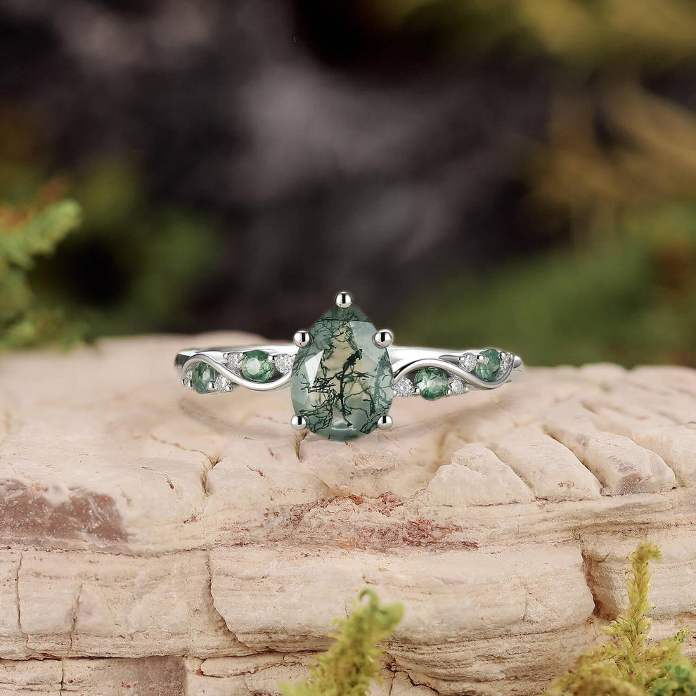 Flora’s Sprig | Pear Cut Moss Agate Engagement Ring.