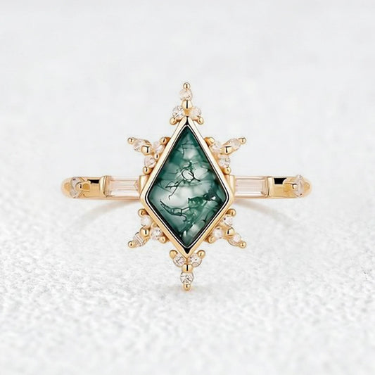 Nature Kite Cut Moss Agate Engagement Ring.