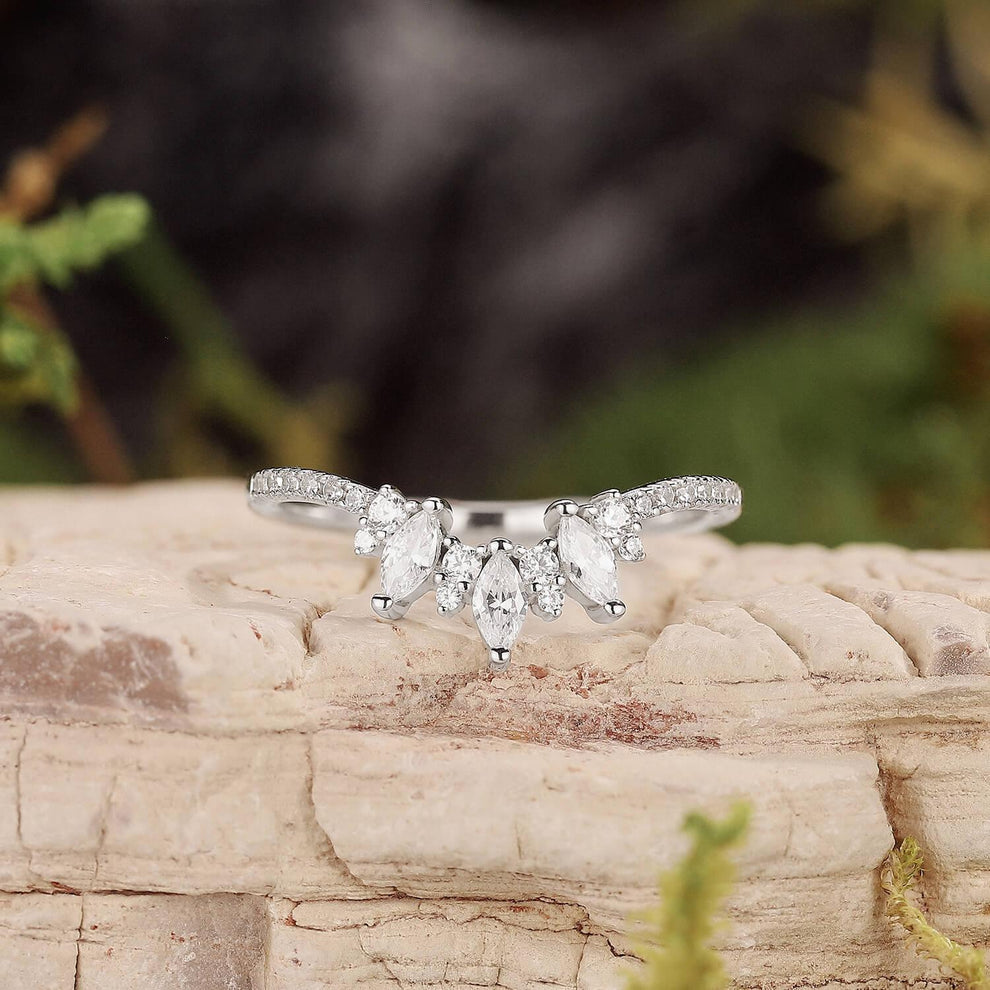 Marquise Cut Moissanite Half Eternity Curved Wedding Band in White Gold.