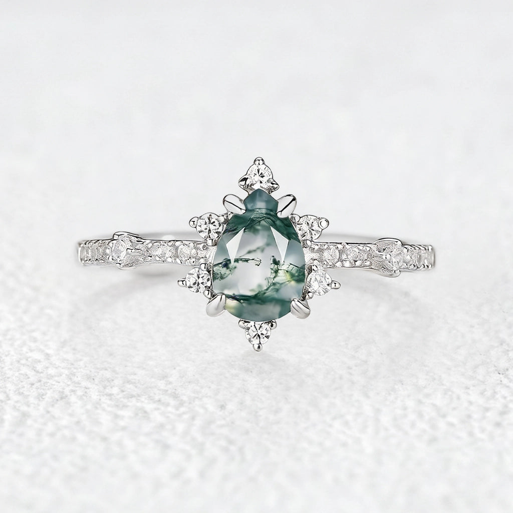 Unique Pear Cut Moss Agate Cluster Engagement Ring.
