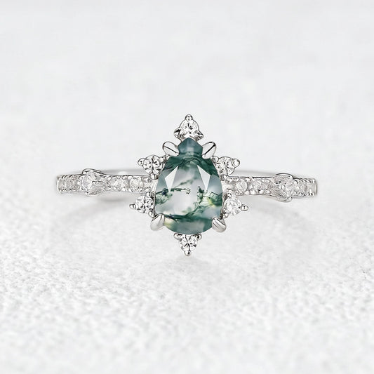 Unique Pear Cut Moss Agate Cluster Engagement Ring.