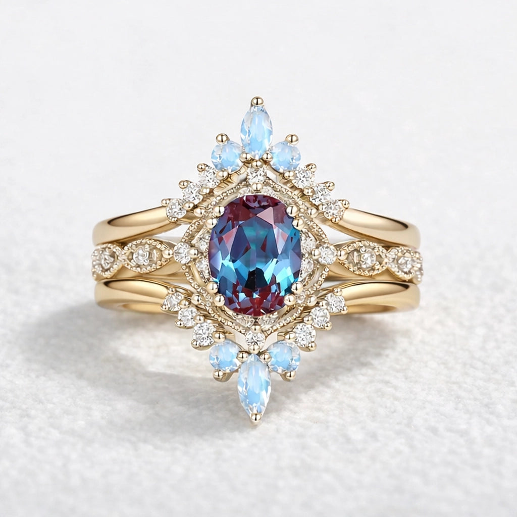 Luna’s Glow | Alexandrite & Moonstone Vintage Bridal Set 3pcs.