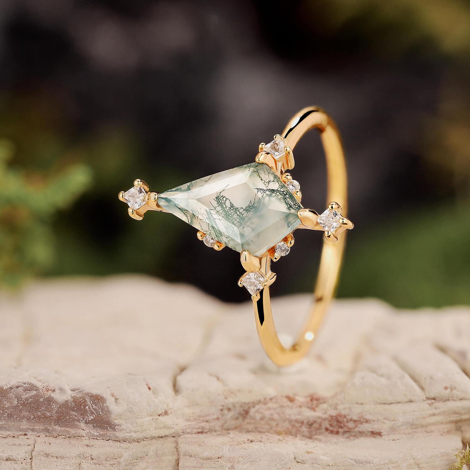 Nature Inspired Kite Cut Moss Agate Engagement Ring Set.
