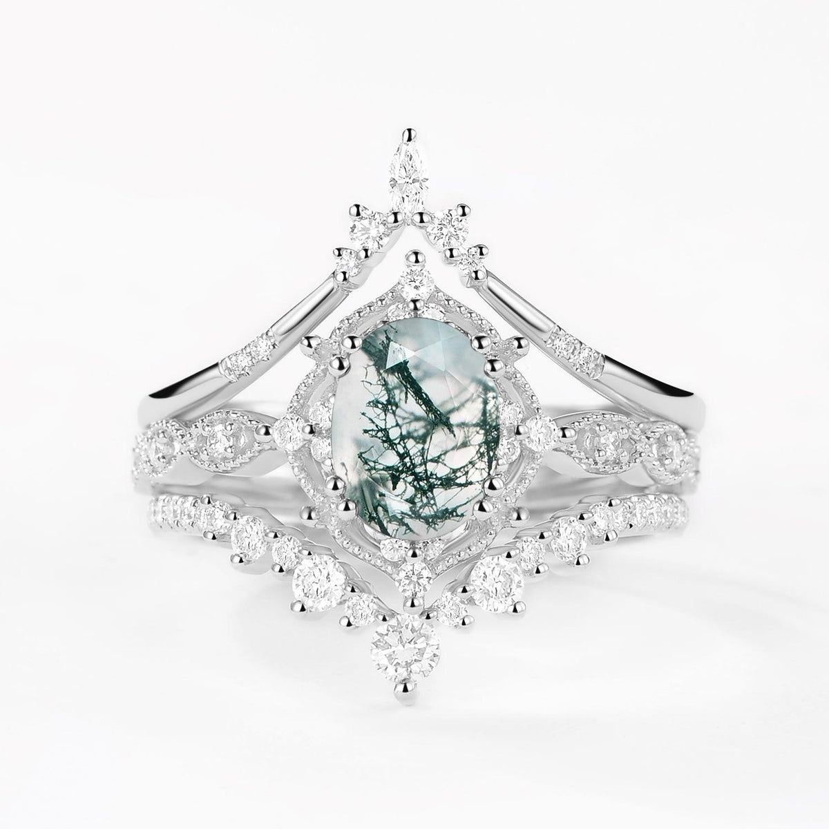 Oval Moss Agate Signature Vintage Ring Set 3pcs.