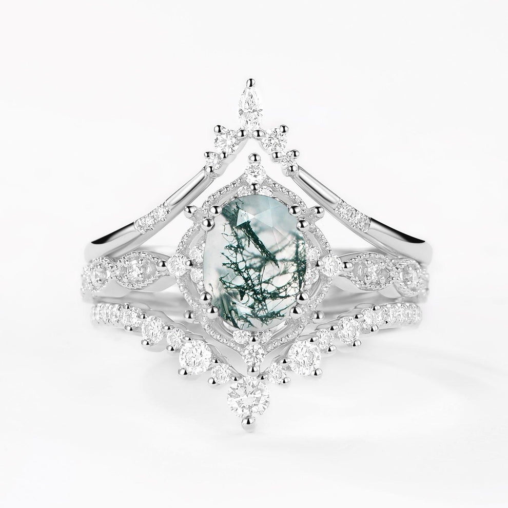 Oval Moss Agate Signature Vintage Ring Set 3pcs.
