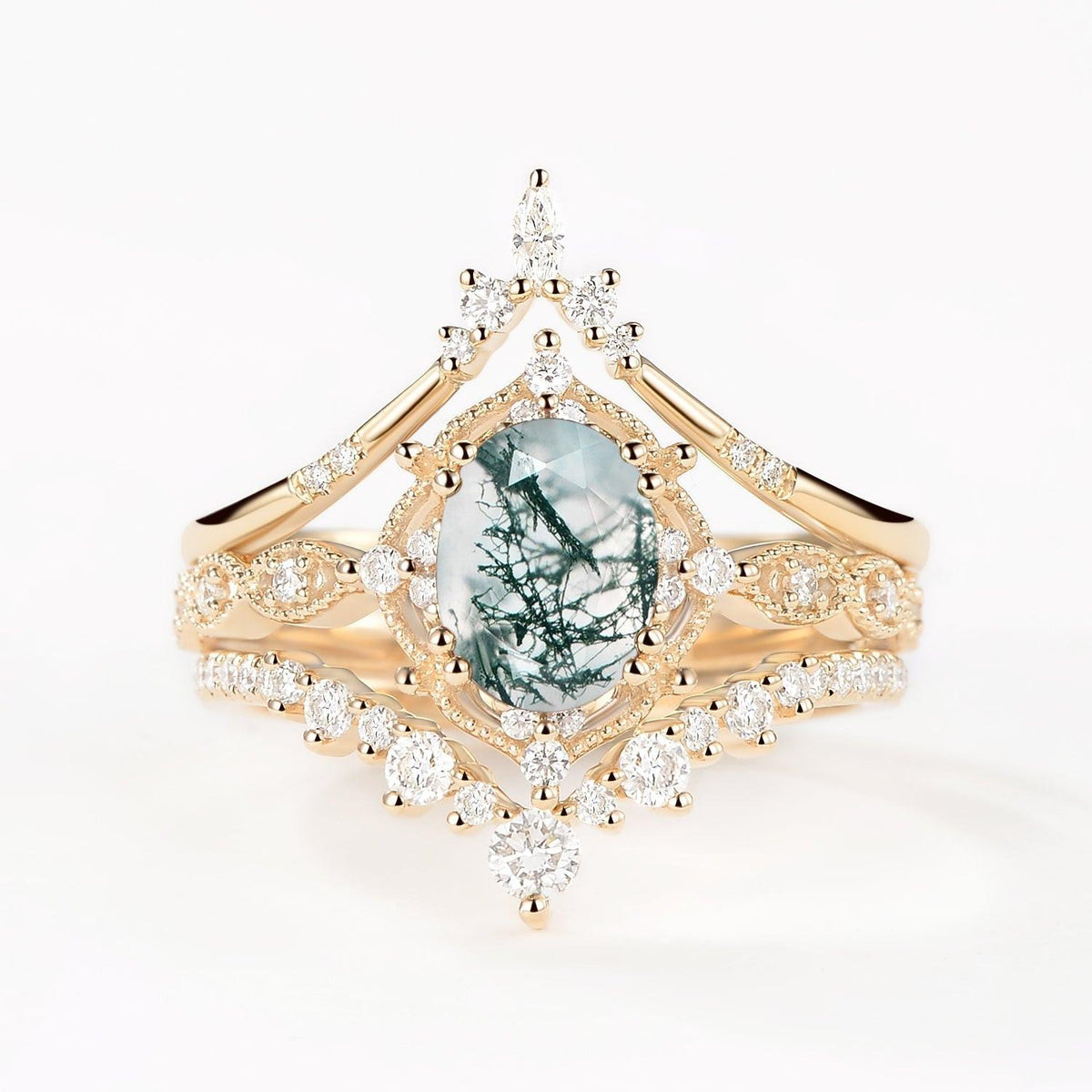 Oval Moss Agate Signature Vintage Ring Set 3pcs.