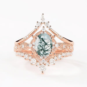 Oval Moss Agate Signature Vintage Ring Set 3pcs.