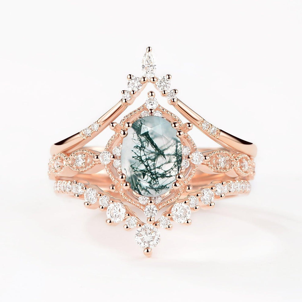 Oval Moss Agate Signature Vintage Ring Set 3pcs.