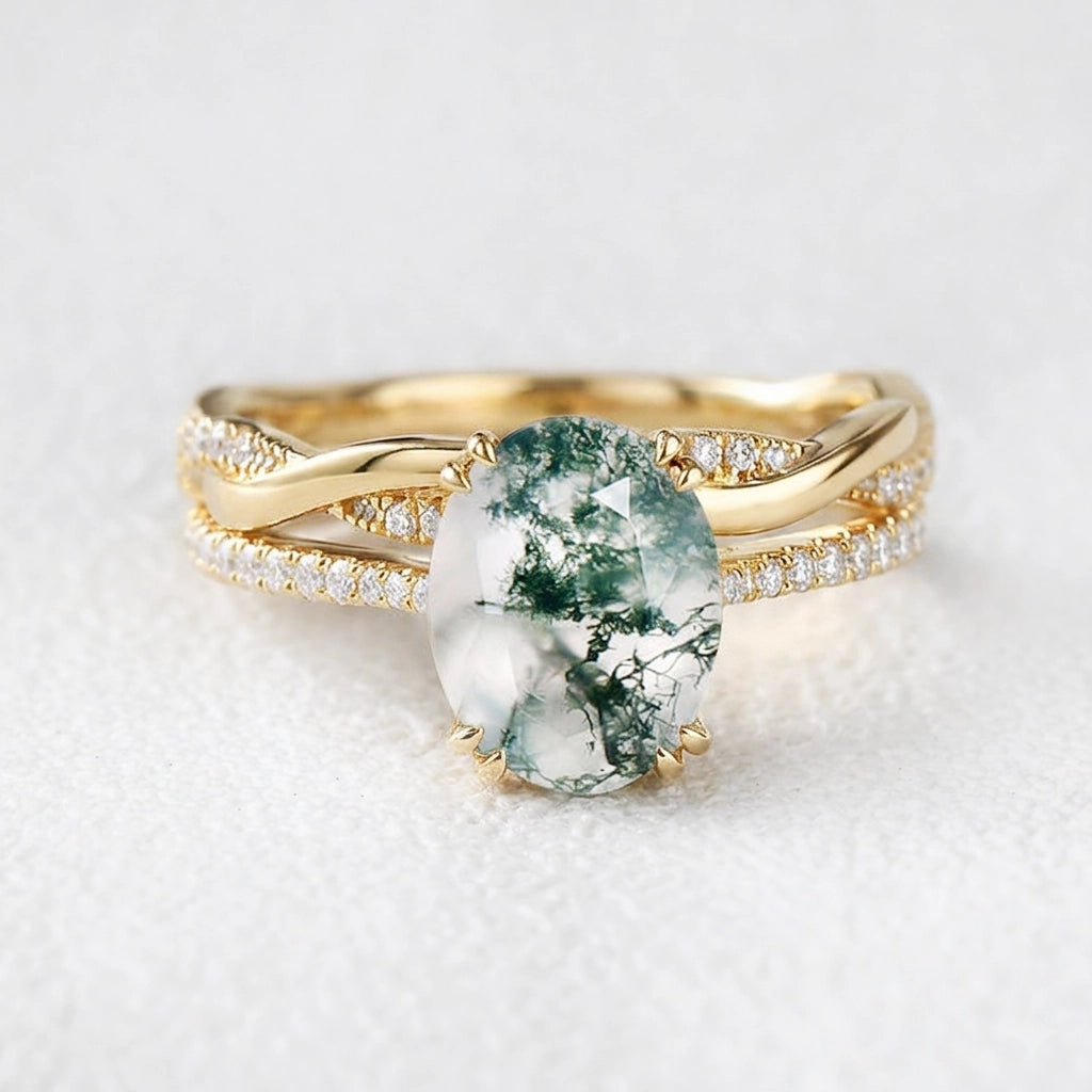 Ariadne’s Merge | 2CT Oval Moss Agate Bridal Set 2pcs.