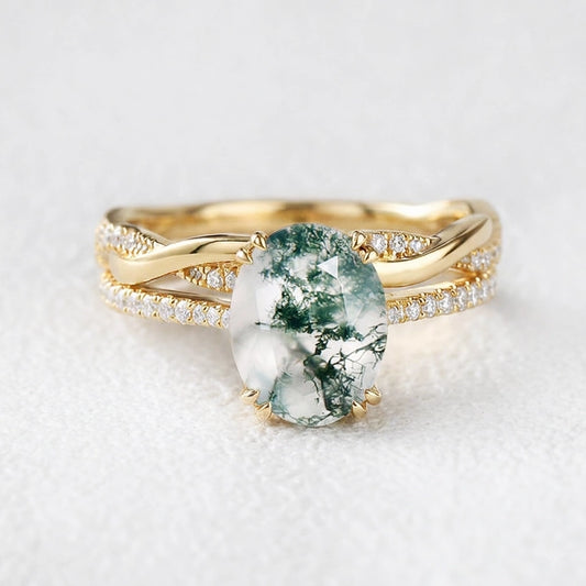 Ariadne’s Merge | 2CT Oval Moss Agate Bridal Set 2pcs.