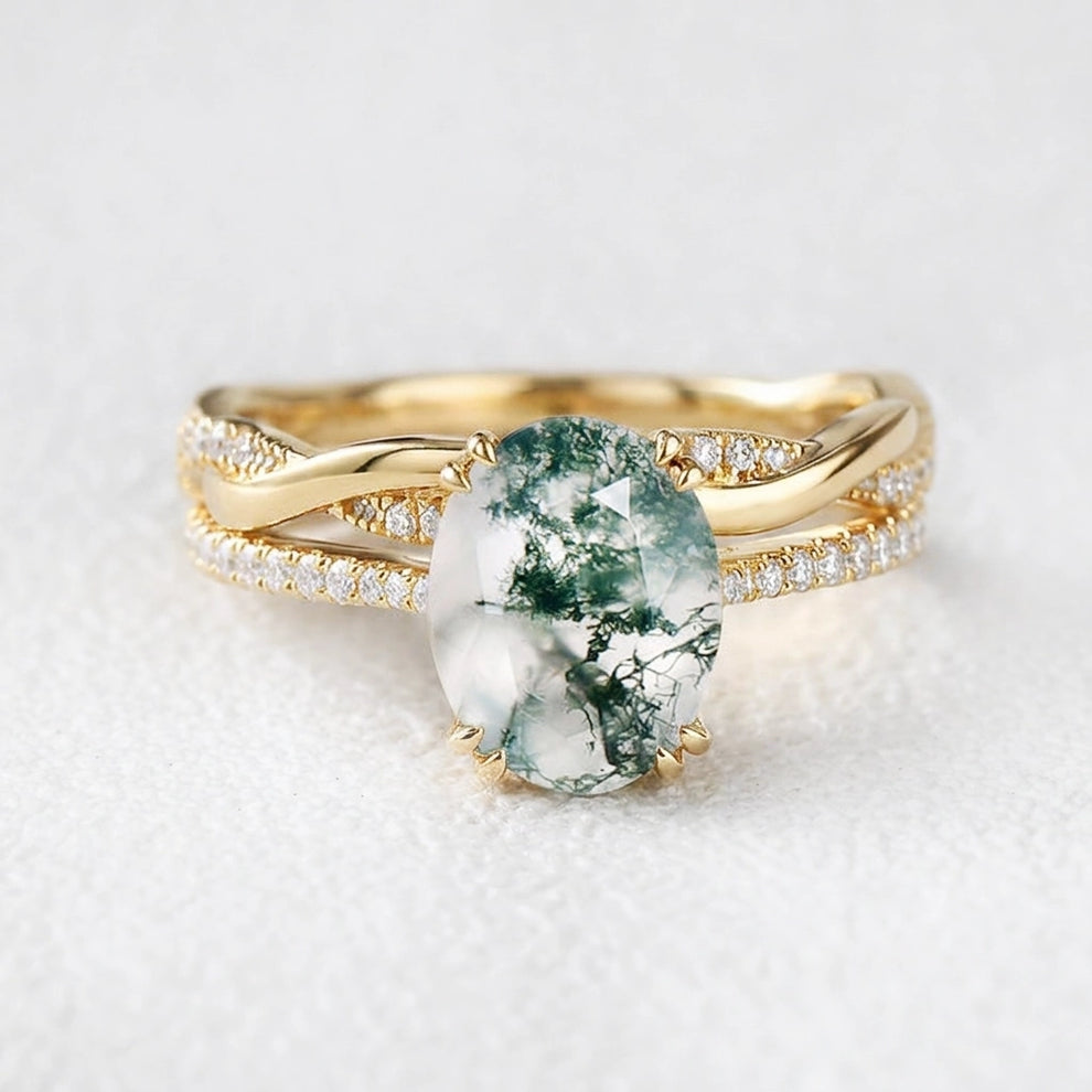 Ariadne’s Merge | 2CT Oval Moss Agate Bridal Set 2pcs.