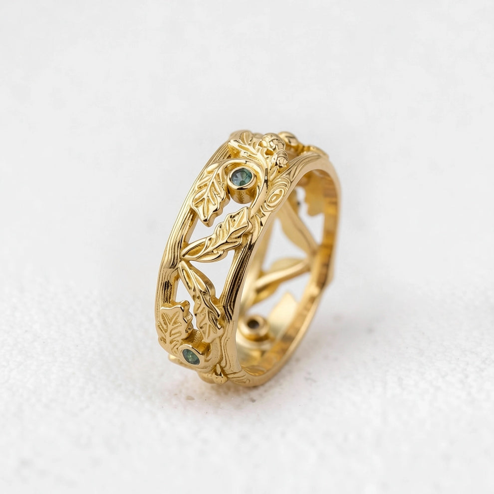 The Hollow Oak | Openwork Teal Sapphire Accented Acorn Men's Wedding Band.
