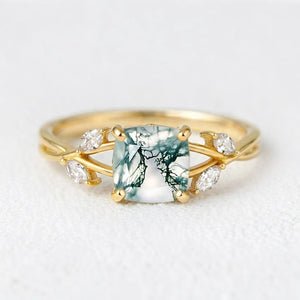Penelope’s Evermore | Cushion Cut Moss Agate Vine Engagement Ring