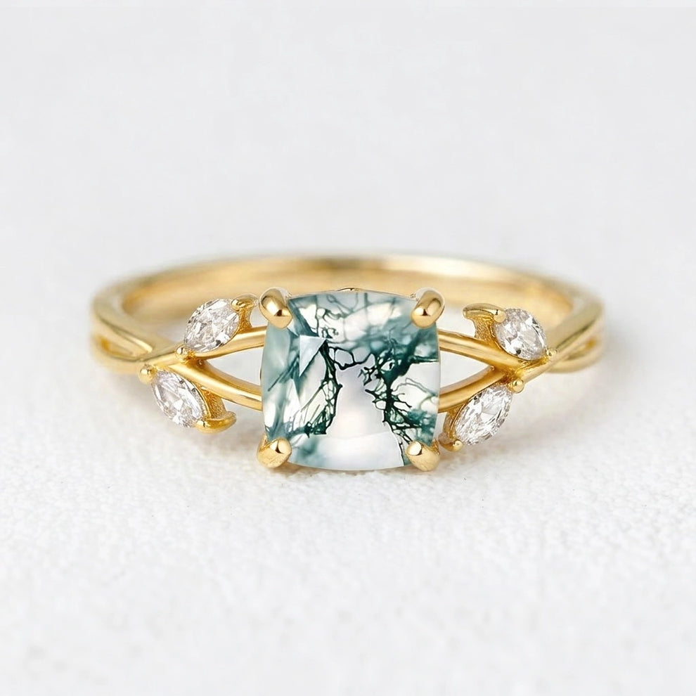 Penelope’s Evermore | Cushion Cut Moss Agate Vine Engagement Ring