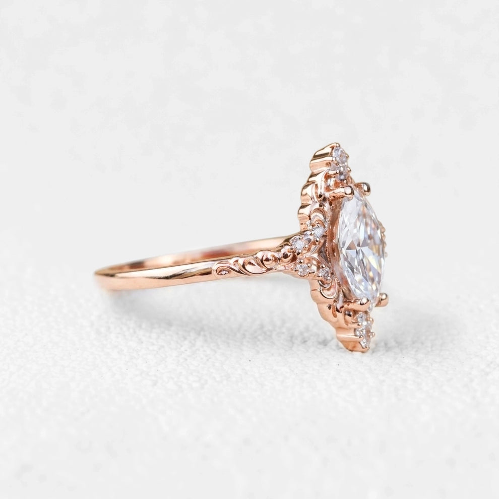 Aurora Swirl | Marquise Diamond Ring with Filigree Setting.