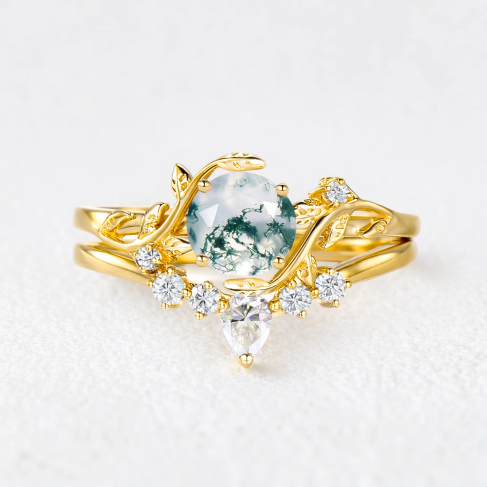 Genevieve’s Garden | Round Moss Agate Leafy Bridal Set 2pcs
