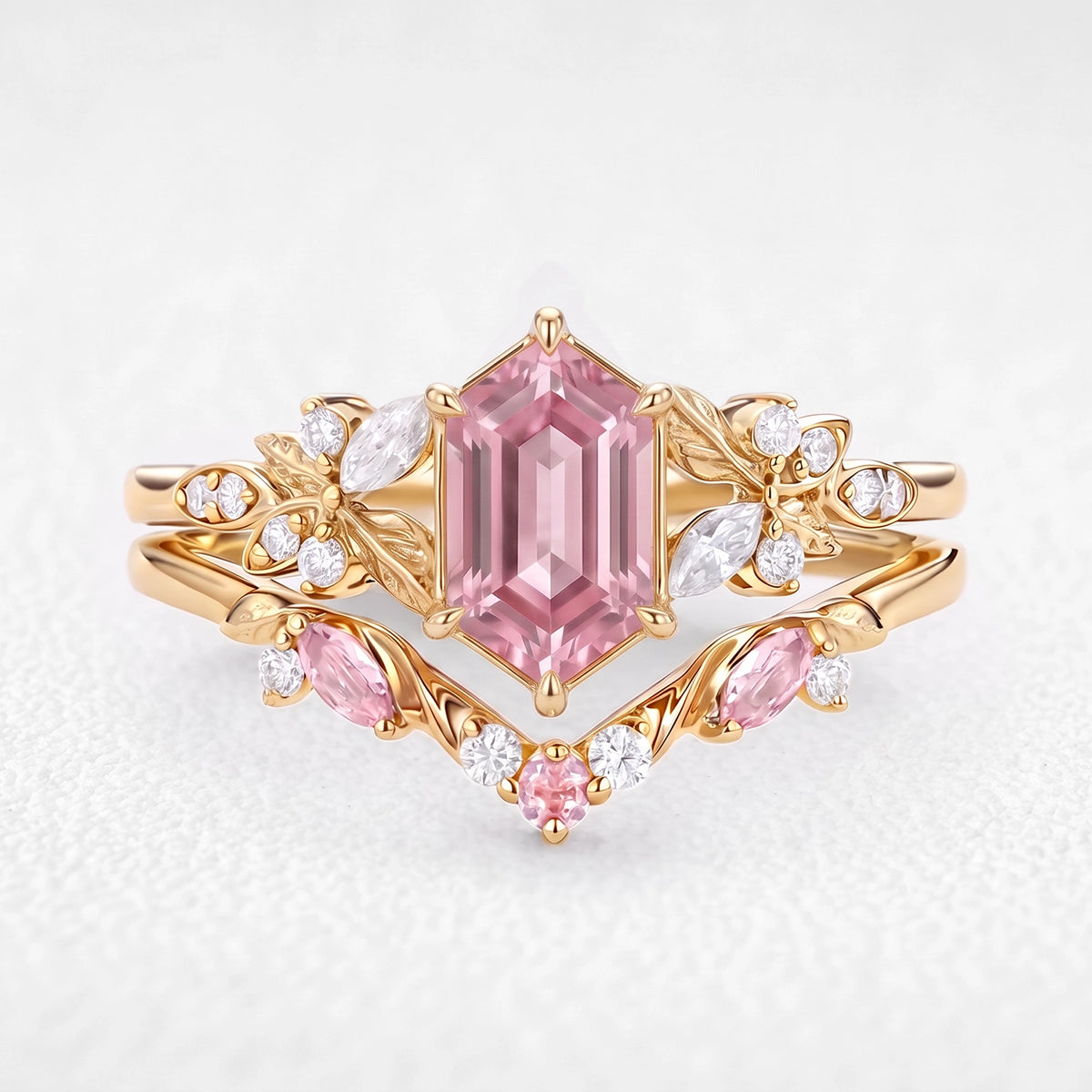 Peony’s Bloom | Honeycomb Hexagon Pink Sapphire Bridal Set 2pcs
