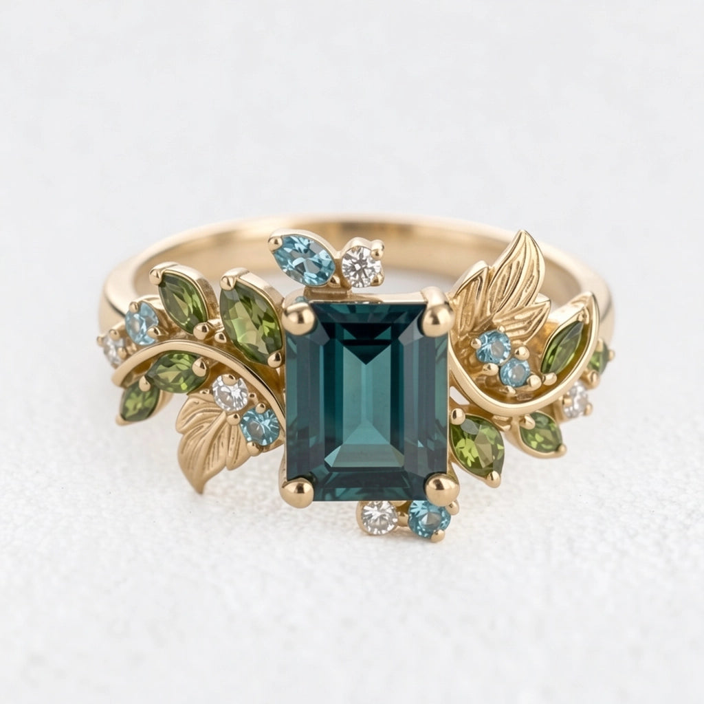 Ivy’s Embrace | Emerald Cut Blue Green Tourmaline Vine & Leaf Engagement Ring.