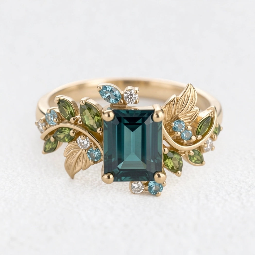 Ivy’s Embrace | Emerald Cut Blue Green Tourmaline Vine & Leaf Engagement Ring.