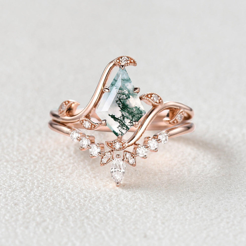 Ivy Unique Kite Cut Moss Agate Leafy Engagement Ring Sets 2pcs.