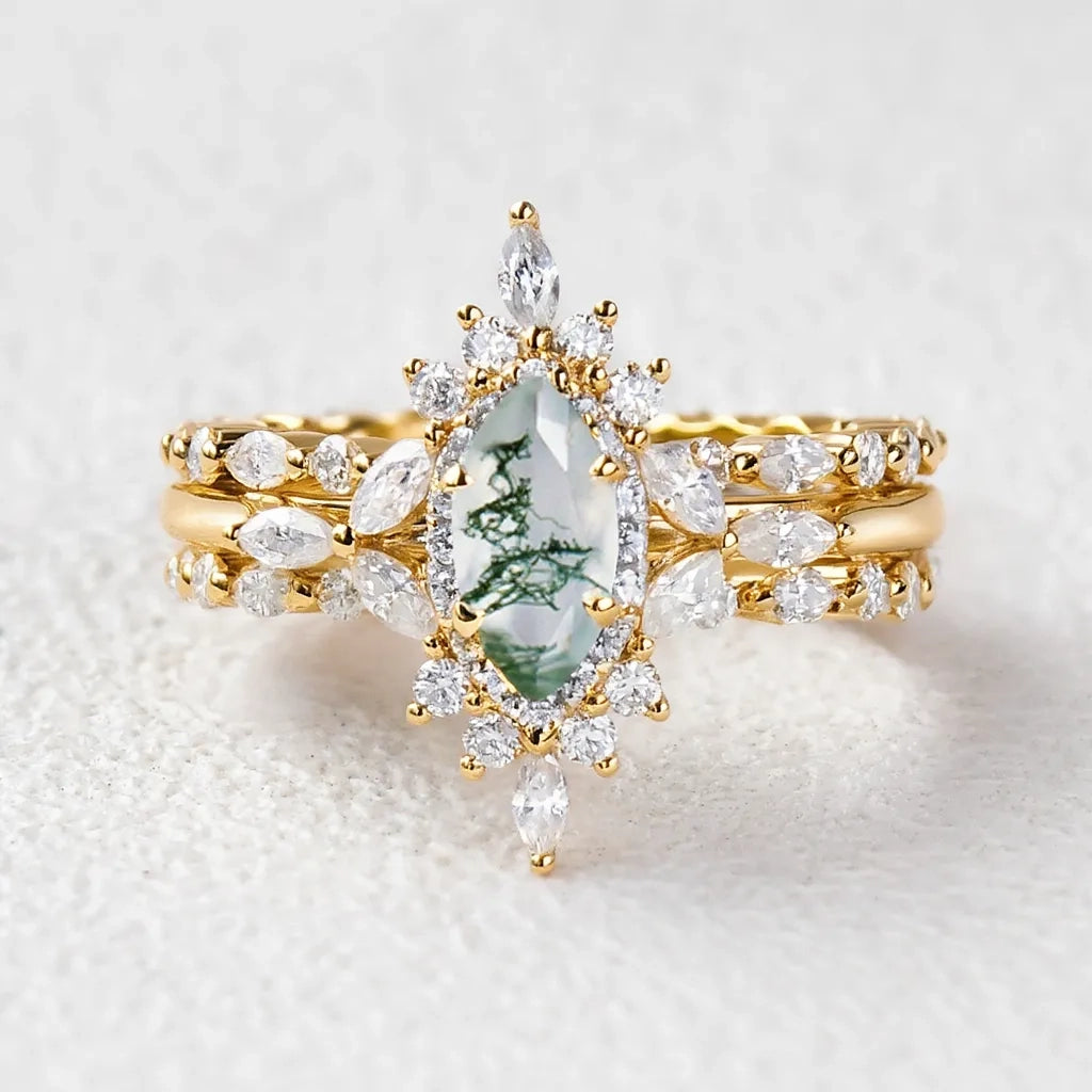 Elara’s Cluster | Marquise Moss Agate Vintage Ring Set 3pcs.