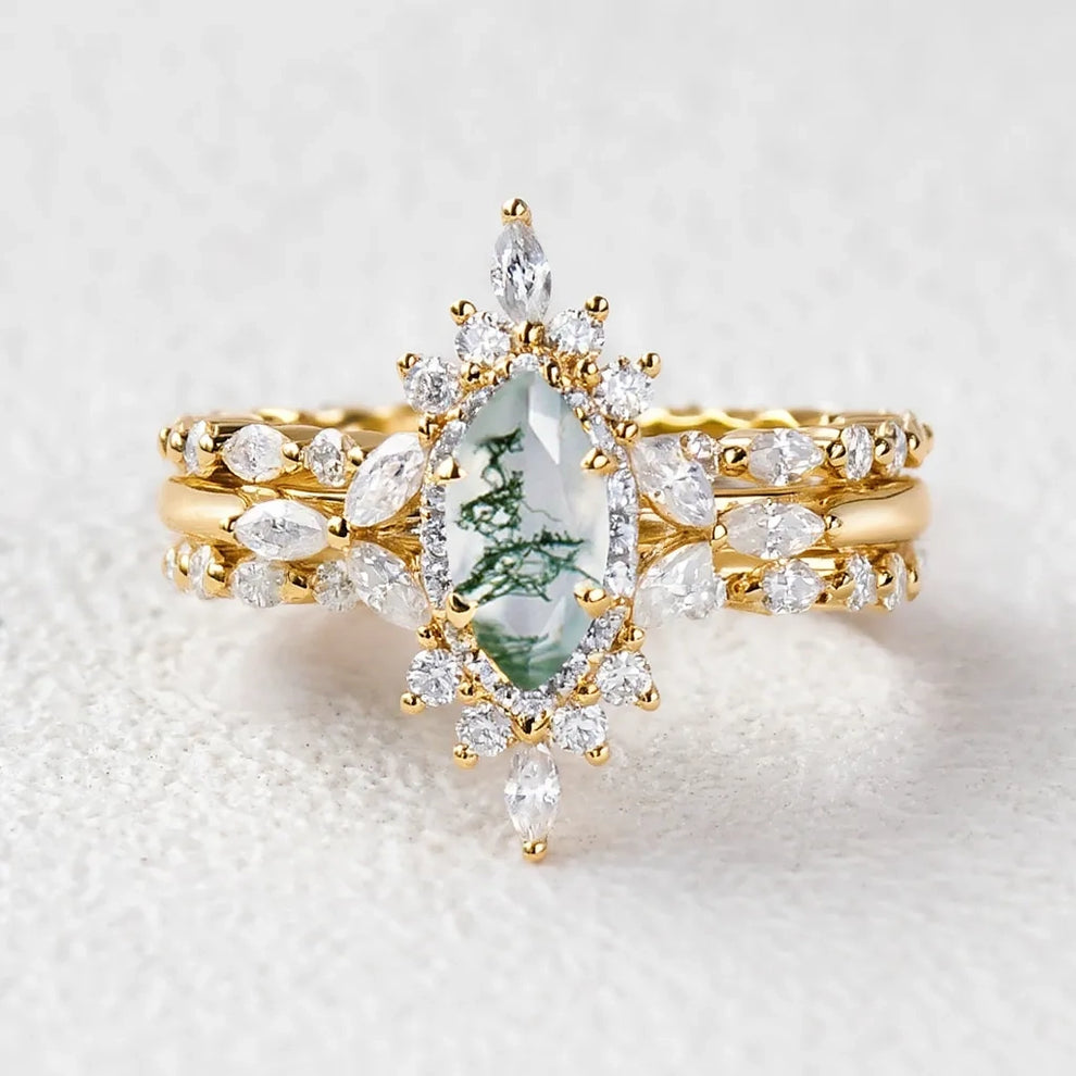 Elara’s Cluster | Marquise Moss Agate Vintage Ring Set 3pcs.