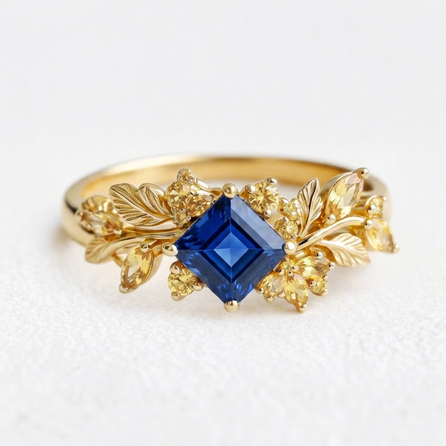 Seraphine’s Bloom | Princess Cut Sapphire with Citrine Floral Engagement Ring