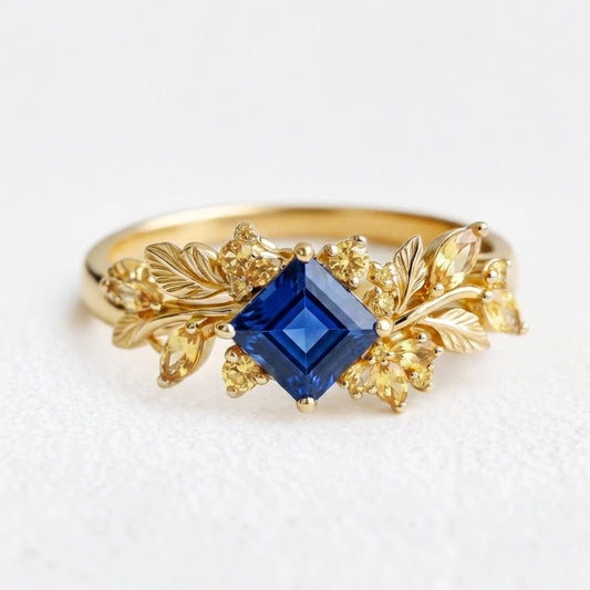 Seraphine’s Bloom | Princess Cut Sapphire with Citrine Floral Engagement Ring