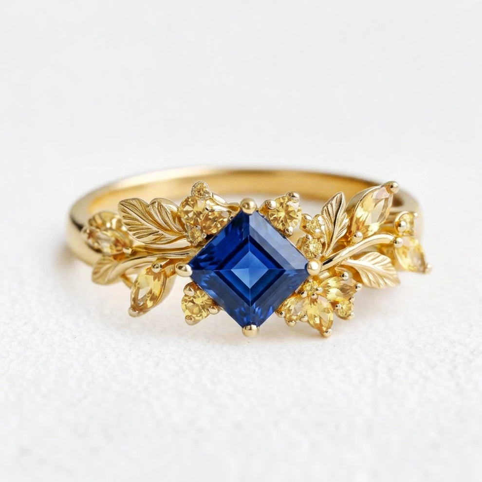 Seraphine’s Bloom | Princess Cut Sapphire with Citrine Floral Engagement Ring