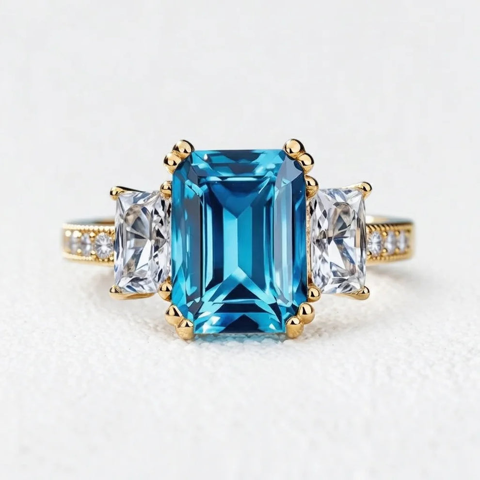 Cleo's Breeze | 3CT Sea Blue Baguette Sapphire Solitaire Statement Ring