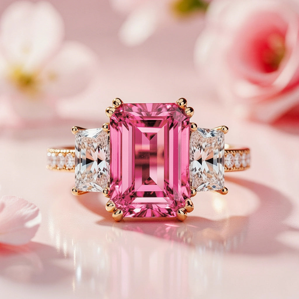 Cleo's Romance | 3CT Pink Baguette Solitaire Statement Ring.