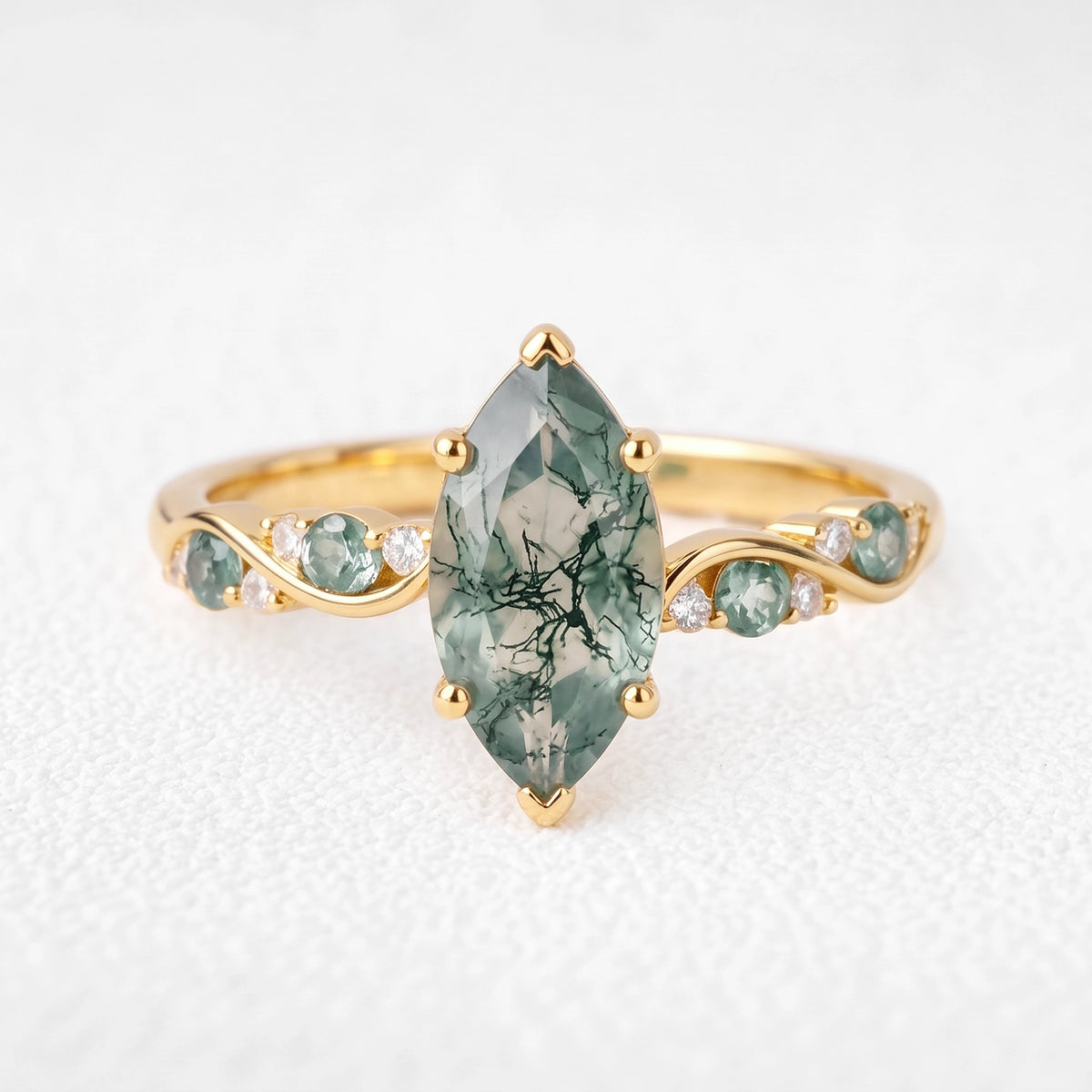 Flora’s Sprig | Marquise Cut Moss Agate Botanical Engagement Ring
