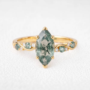 Flora’s Sprig | Marquise Cut Moss Agate Botanical Engagement Ring
