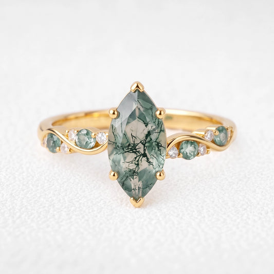 Flora’s Sprig | Marquise Cut Moss Agate Botanical Engagement Ring