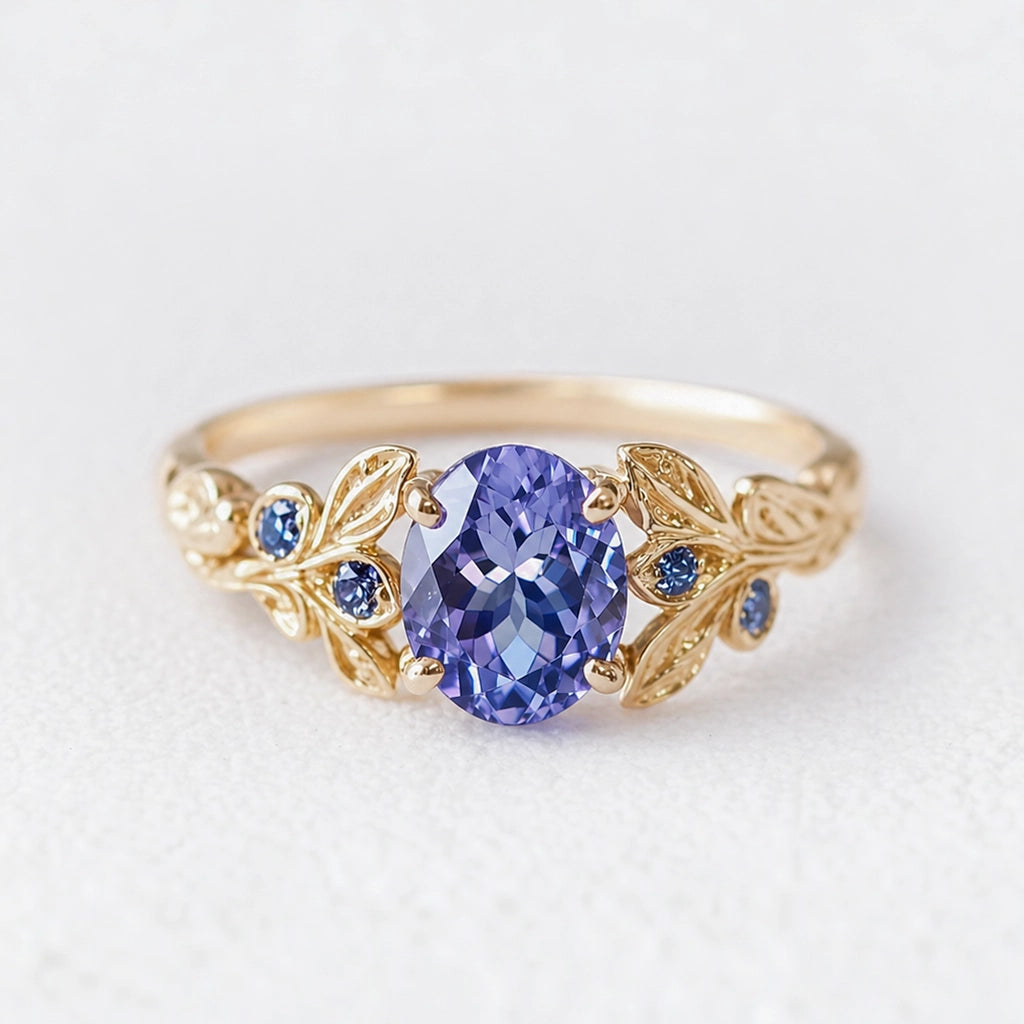 Aria‘s Glade | Oval Cut Tanzanite & Blue Diamond Leaf Engagement Ring.