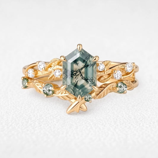Clarissa’s Frond | Hexagon Cut Moss Agate Leafy Bridal Set 2pcs