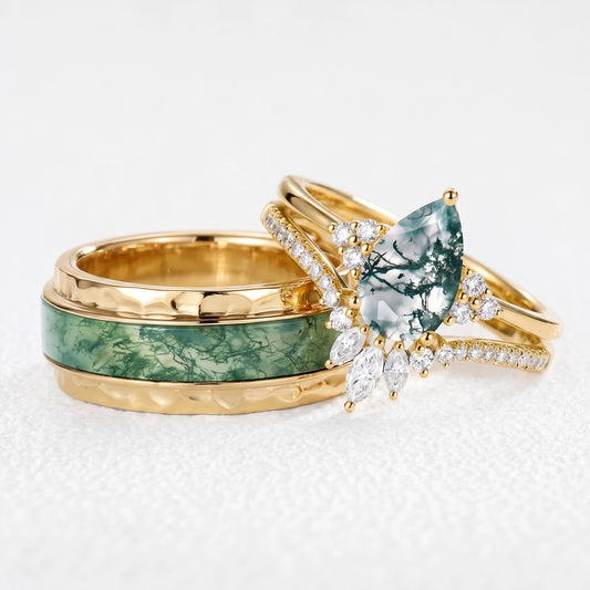 Genevieve’s Harmony | Luxurious Pear Moss Agate Bridal Set & 8MM Moss Inlay Band Couple Ring Set 3pcs
