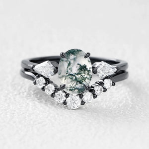 Delphine’s Wings | Oval Moss Agate Three Stone Bridal Set 2pcs.