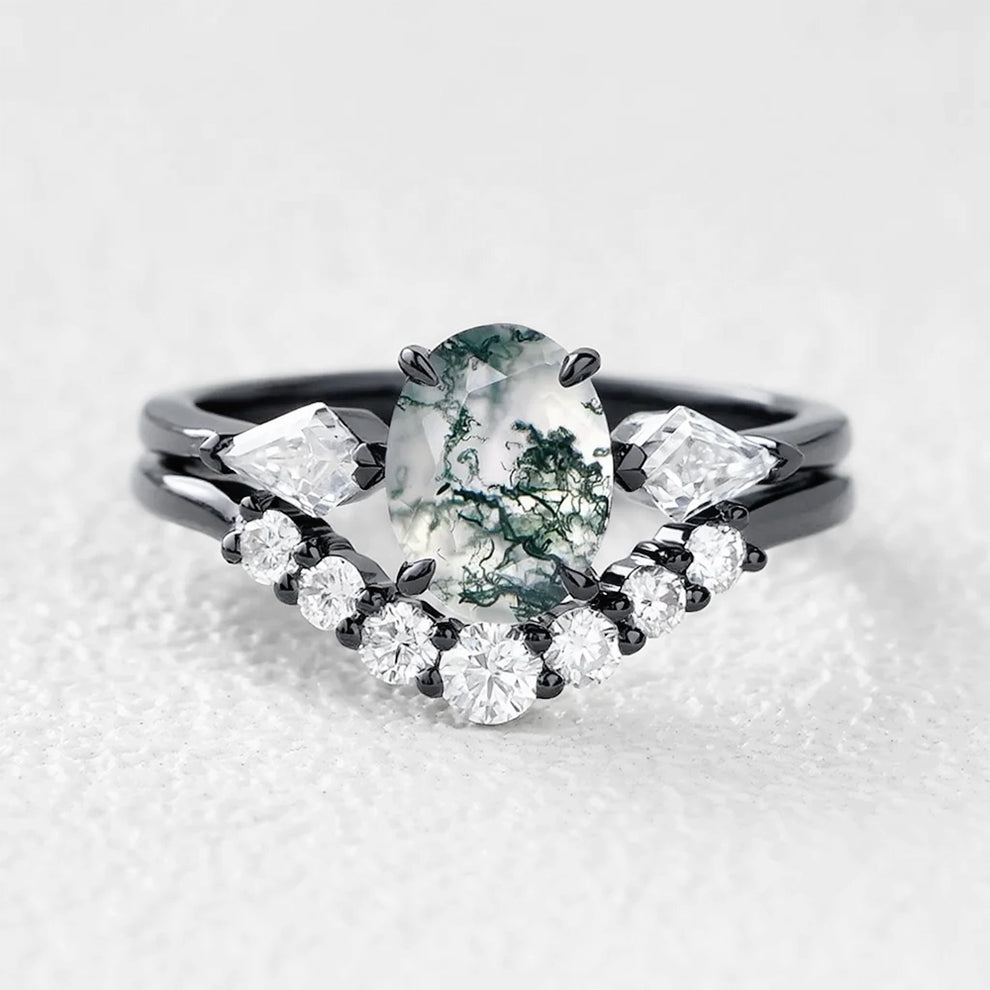 Delphine’s Wings | Oval Moss Agate Three Stone Bridal Set 2pcs.