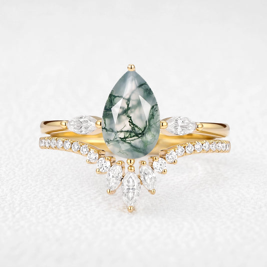 Iris’s Pinions | Pear Cut Moss Agate &  Moissanite Bridal Set 2pcs