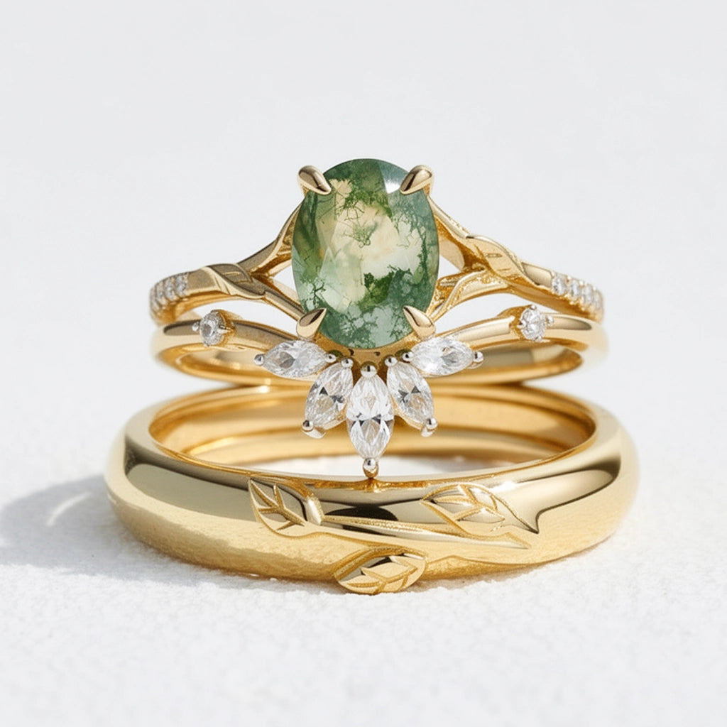 Zinnia’s Meadow | Oval Cut Moss Agate Leafy Gold Couple Ring Set 3pcs.