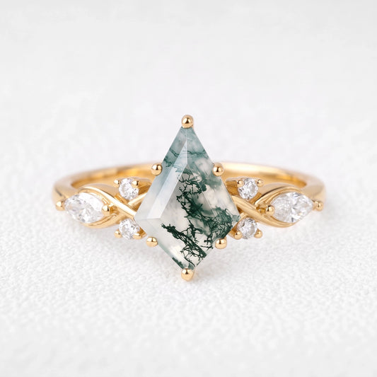 Isadora’s Grove | Kite Cut Moss Agate Leafy Engagement Ring