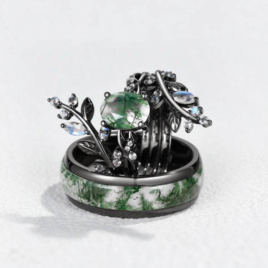 Sylvie’s Blackwood | Black Gold & Oval Moss Agate Couple Ring Set 3pcs.