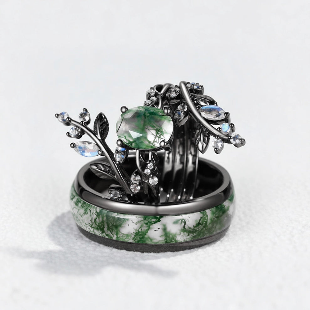 Sylvie’s Blackwood | Black Gold & Oval Moss Agate Couple Ring Set 3pcs.